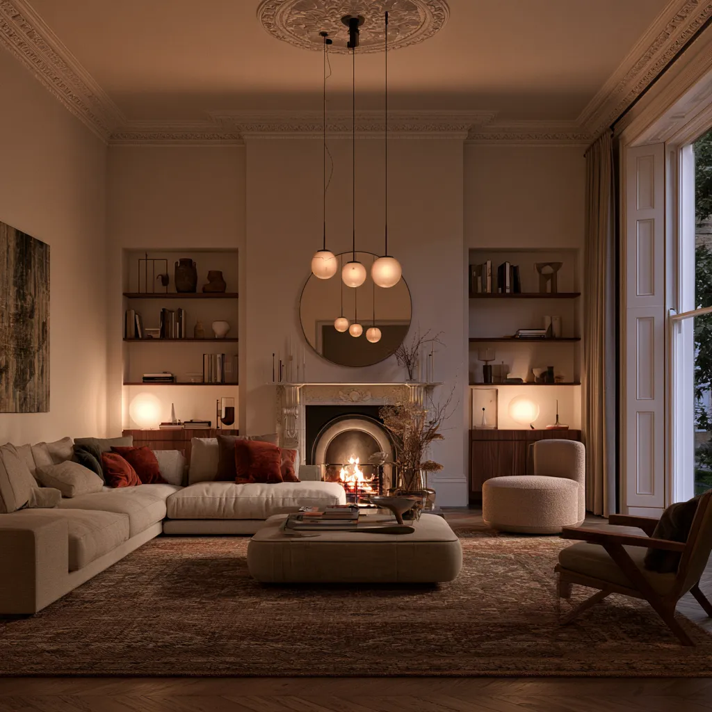 Narrow Victorian terrace lounge ideas with sofa pulled from wall and area rug anchor