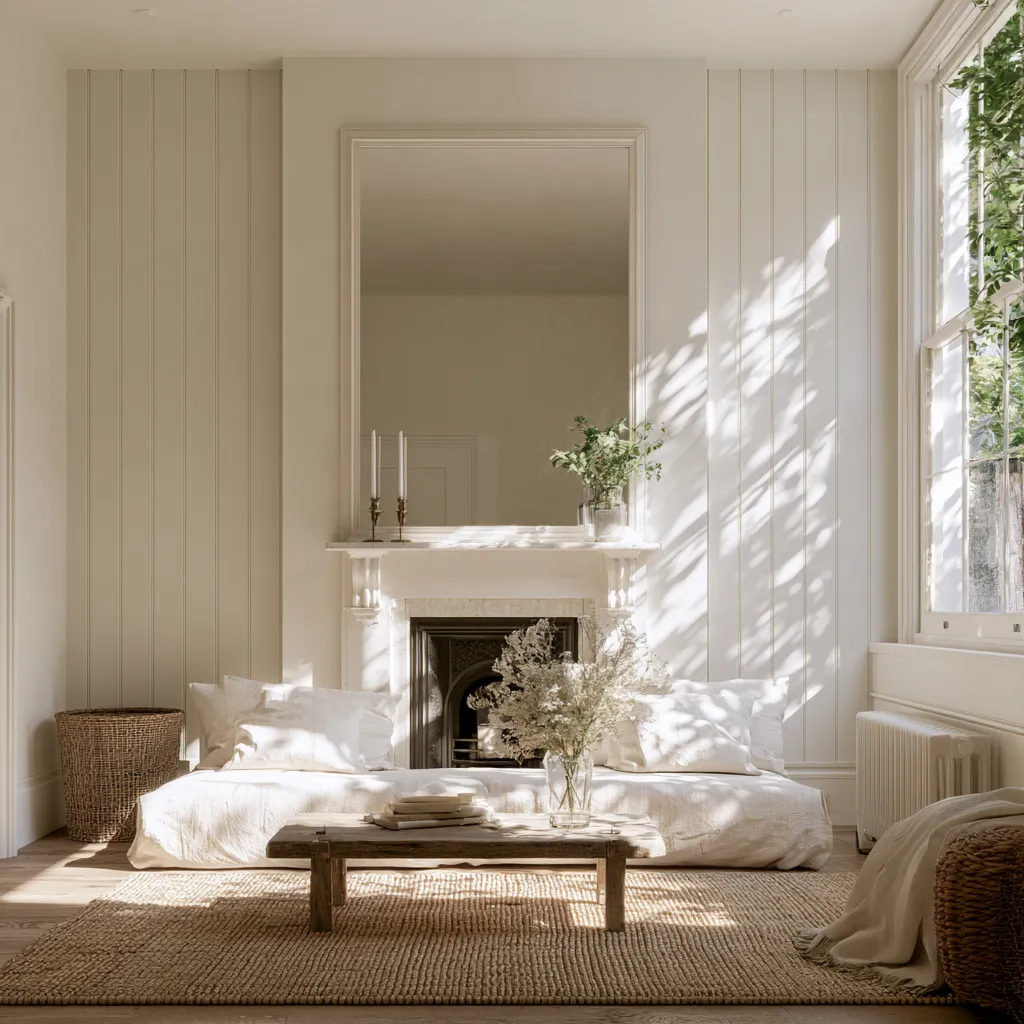 Narrow terraced front room styling with mirror above fireplace and monochromatic pale palette
