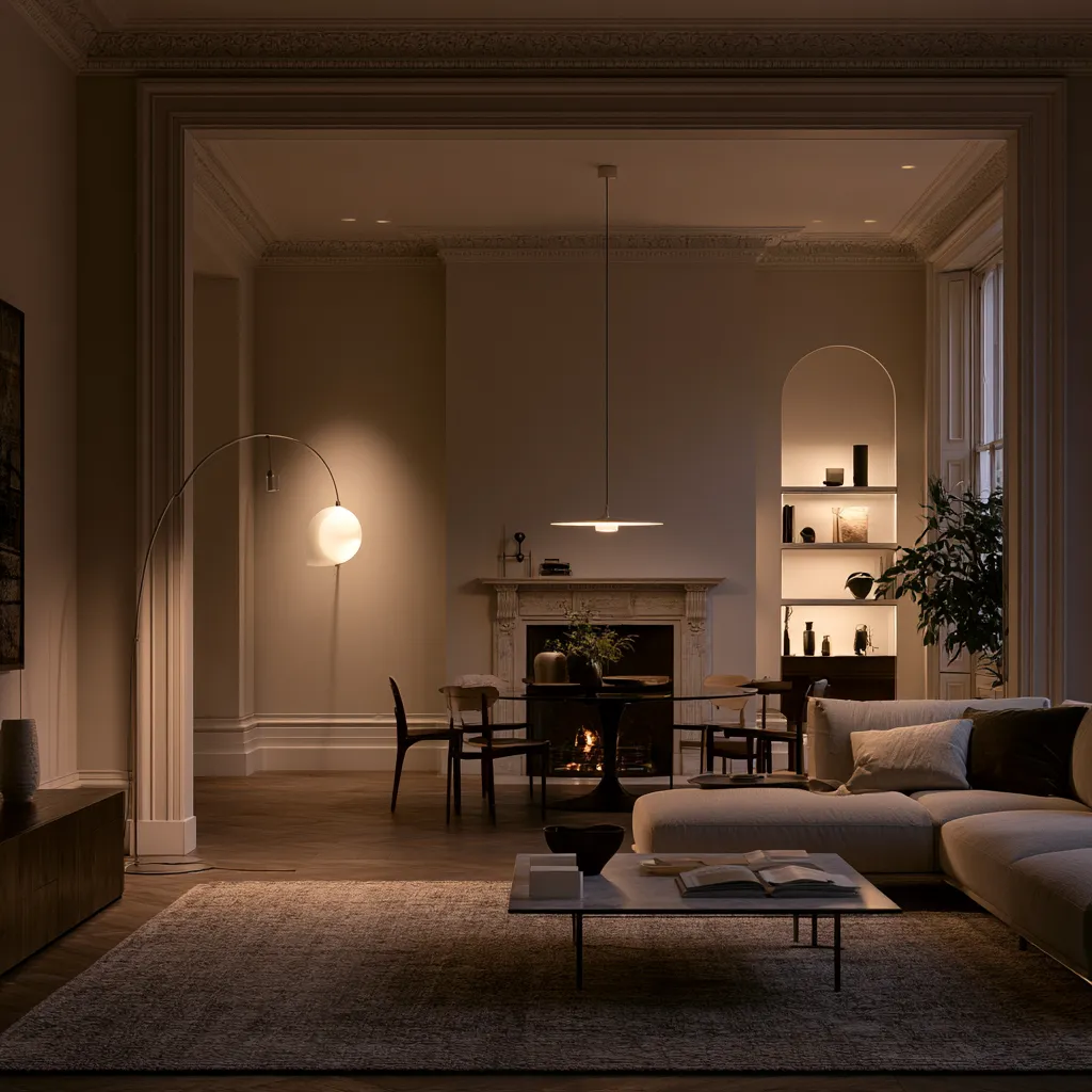 through lounge lighting ideas UK layered warm light evening two zones