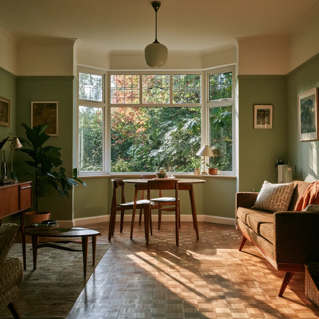 through lounge ideas UK 1930s semi walnut furniture parquet floor editorial