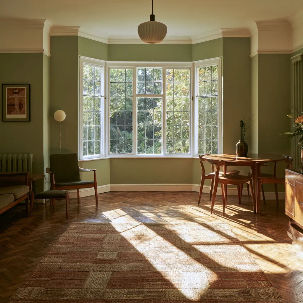 through room UK 1930s semi-detached lounge walnut dining round table parquet