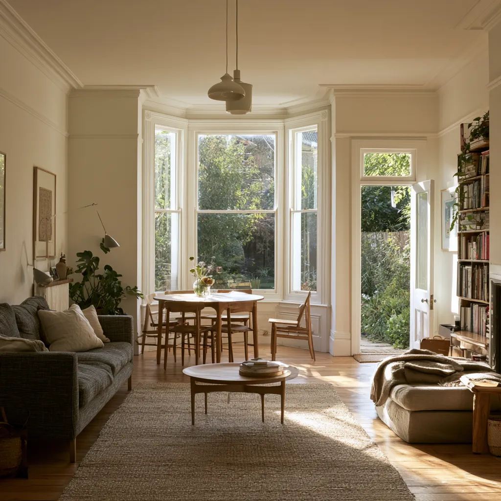 through lounge living room ideas UK grey sofa bay window warm light