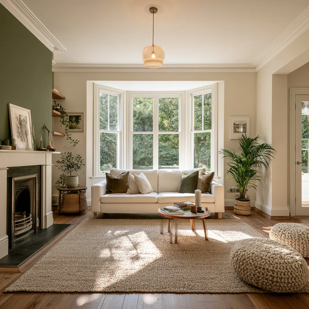 through lounge ideas UK two-tone colour sitting zone feature wall bay window