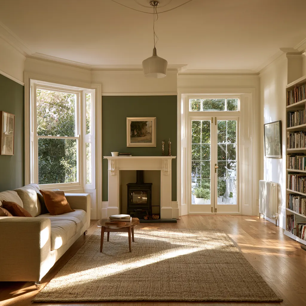 UK through lounge design chimney breast painted green editorial photography