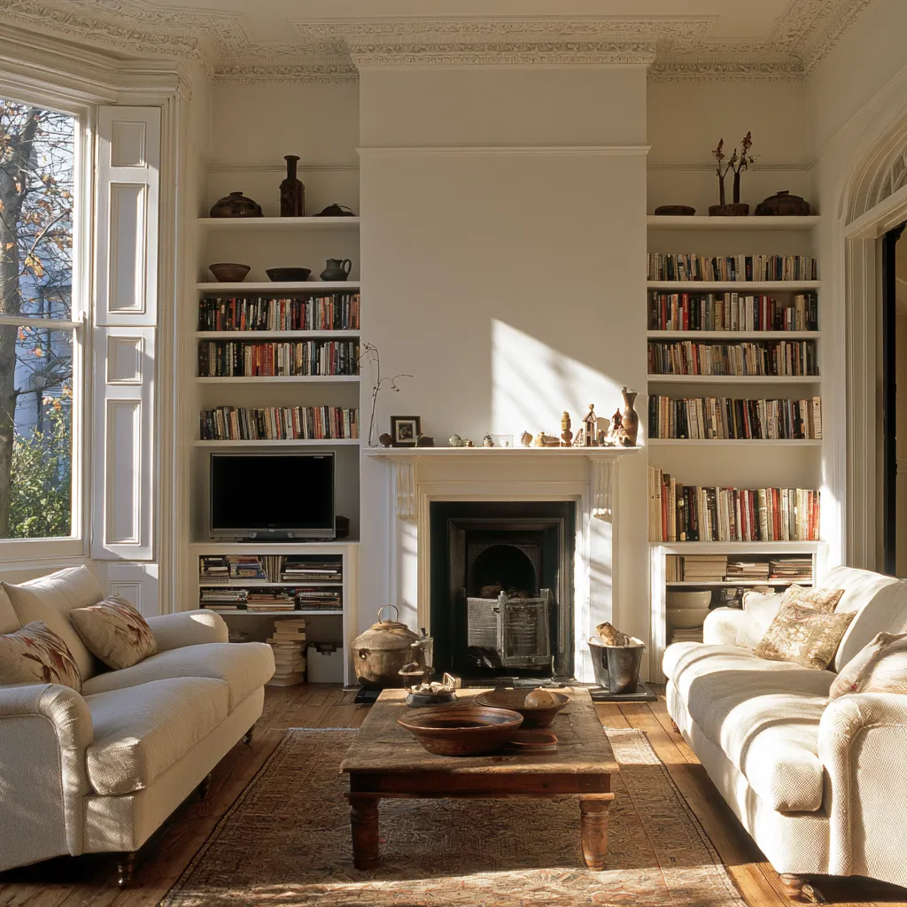 through lounge UK chimney breast sitting zone TV alcove built-in shelves Victorian