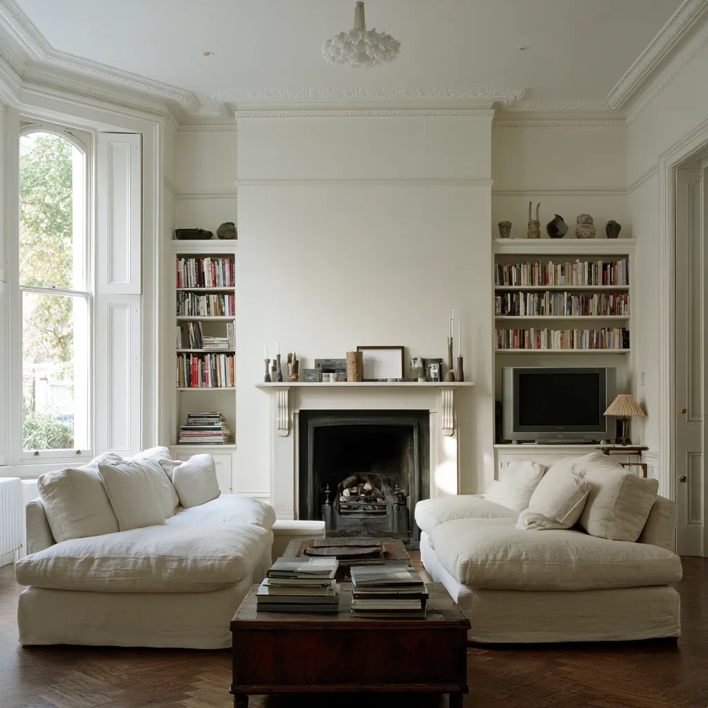 through lounge ideas UK fireplace alcove TV and bookshelves editorial