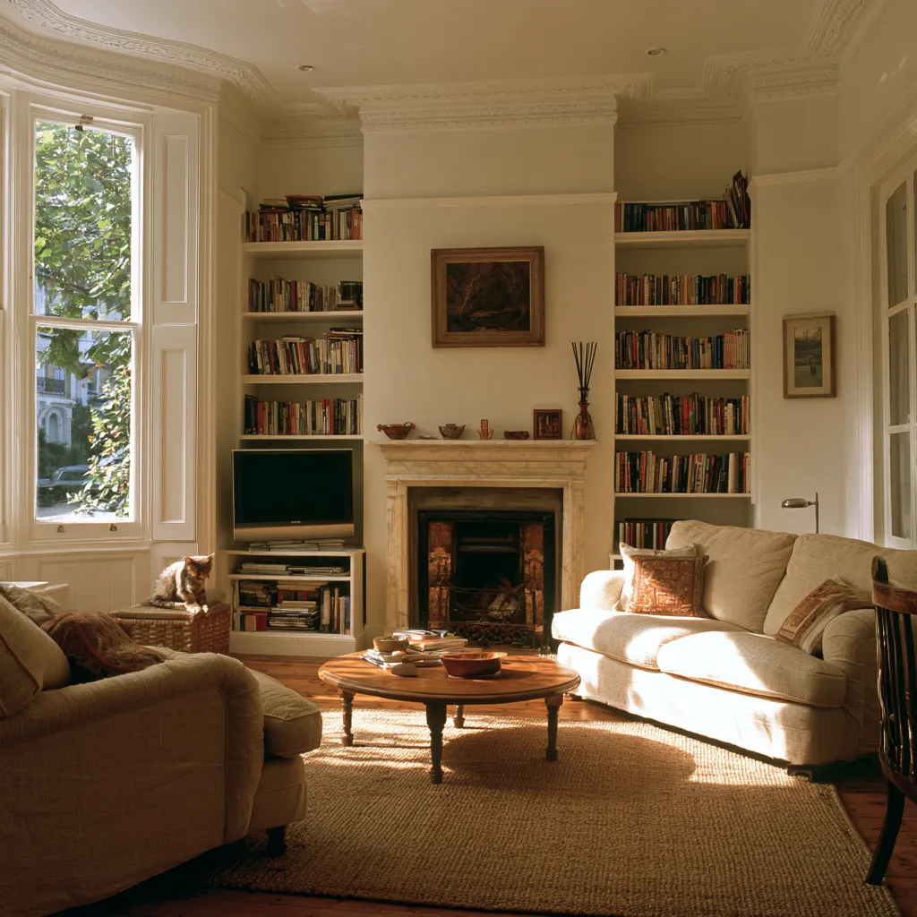 UK through lounge sitting zone Victorian chimney breast sofa facing fireplace