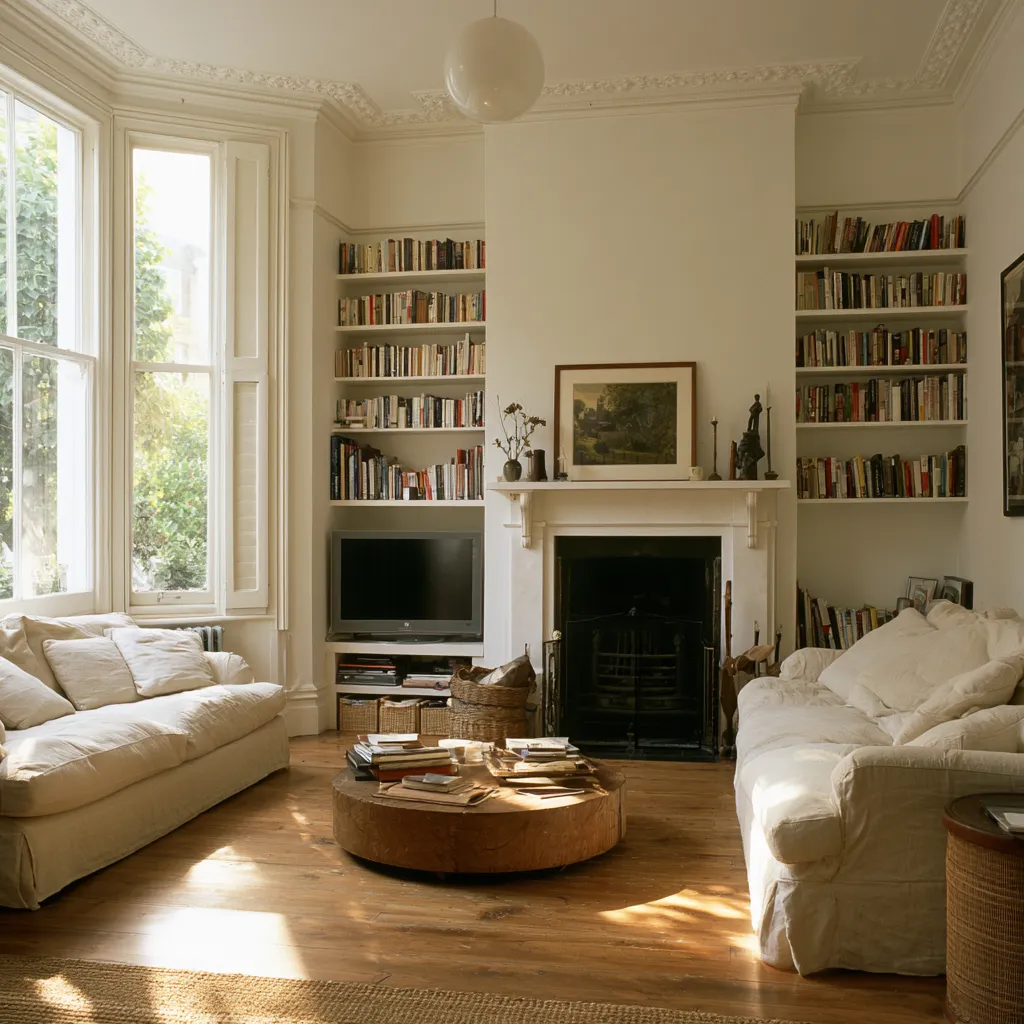 through room ideas UK alcove TV beside chimney breast built-in shelving