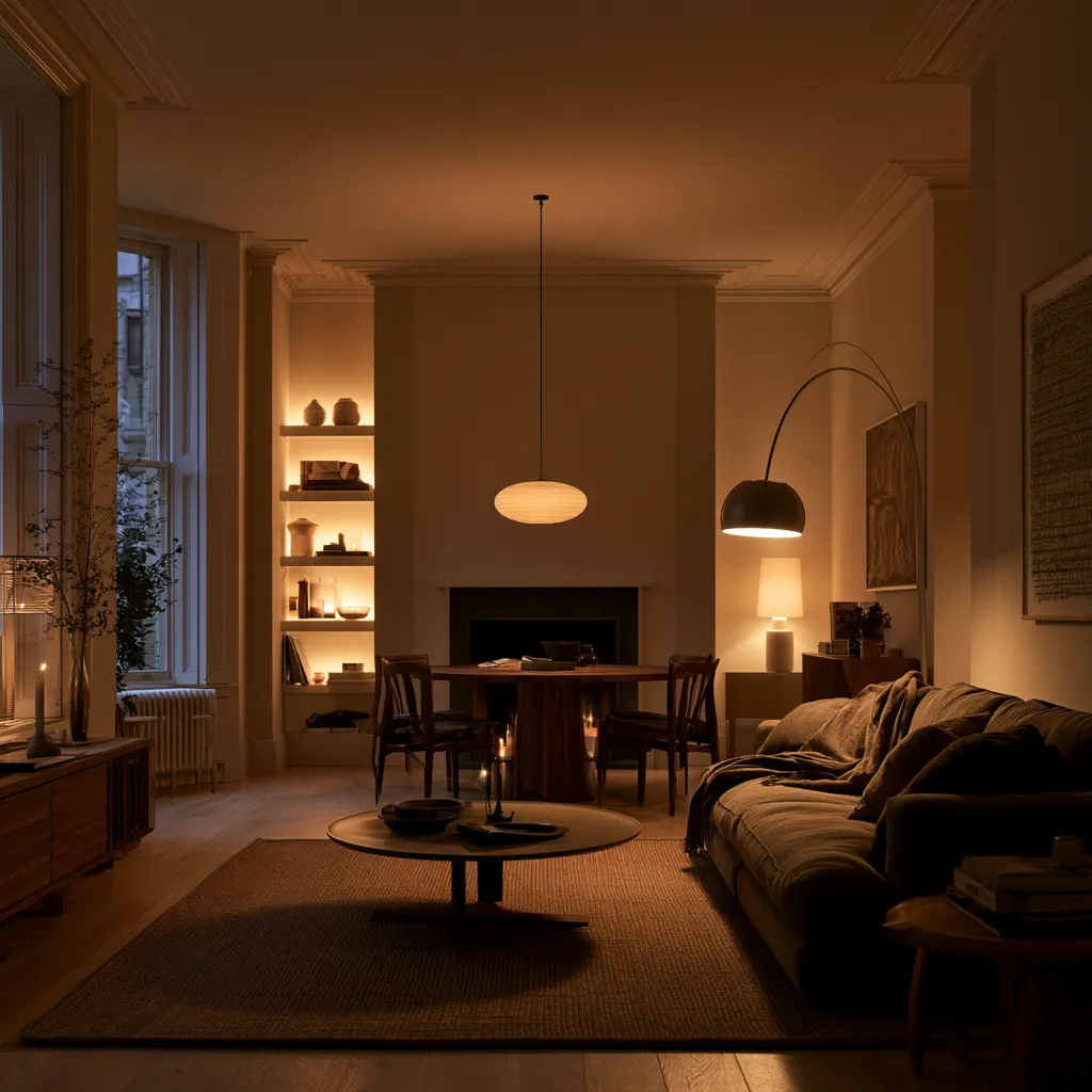 through room lounge ideas UK lighting zones pendant alcove floor lamp amber