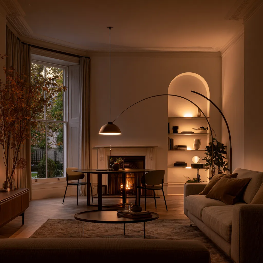 through lounge UK lighting pendant over dining table floor lamp sofa alcove lights