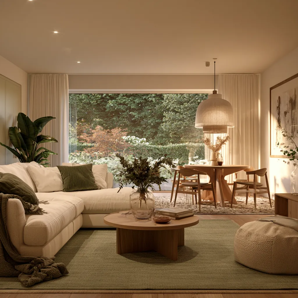 through lounge UK zoning two rugs sitting dining zones cream sofa oak table