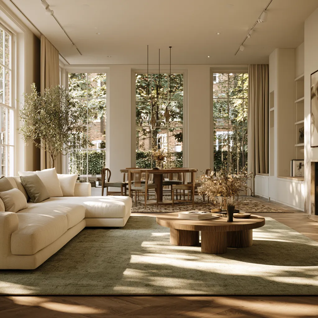 through lounge ideas UK two zone rug separation sage and patterned