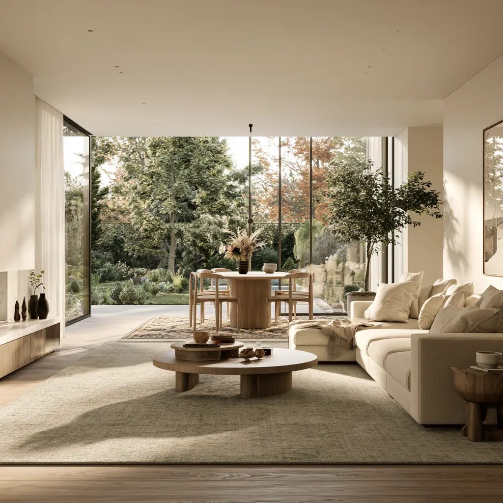 through room lounge ideas UK zoning with rugs no partition warm light