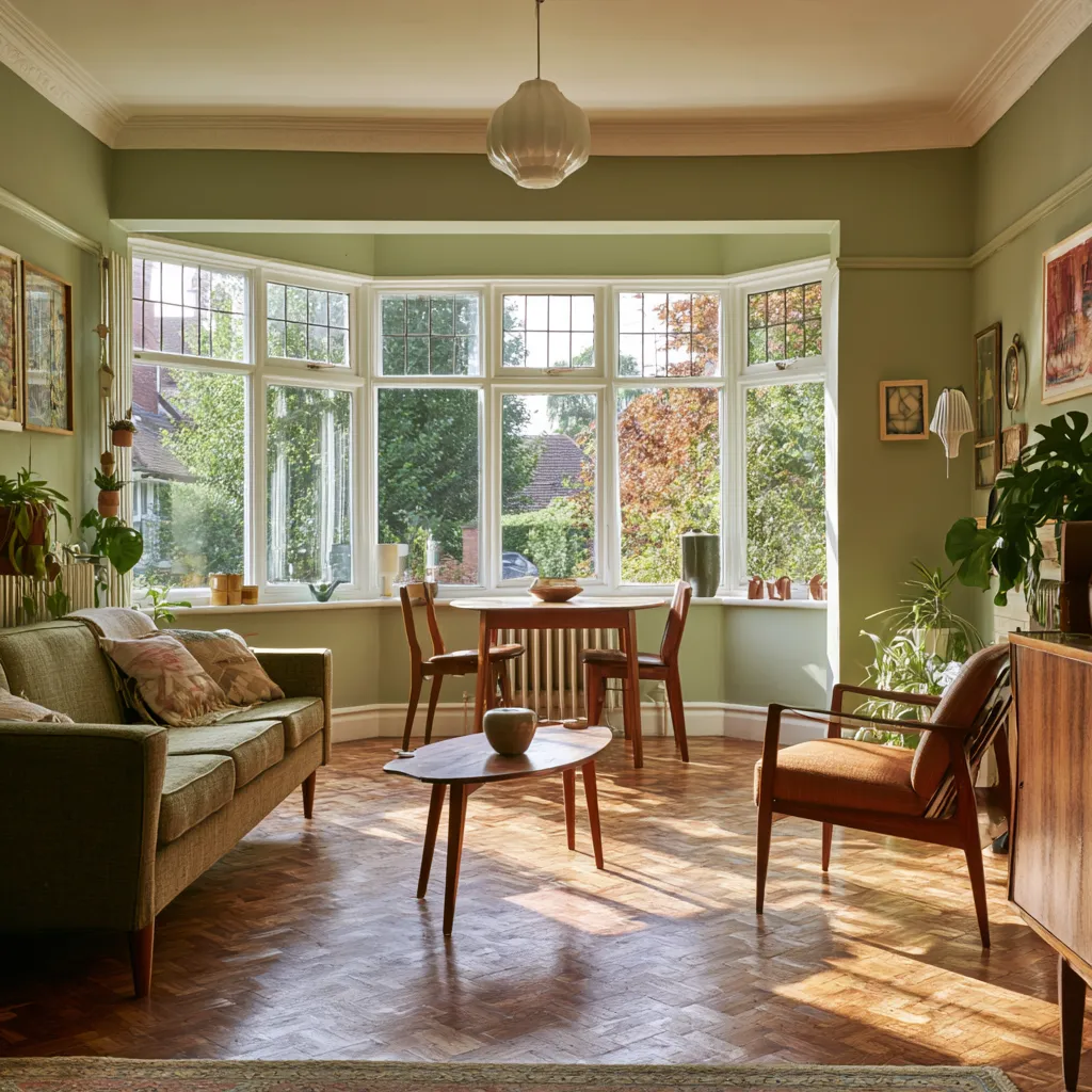 1930s semi-detached through lounge UK mid-century furniture sage green bay window