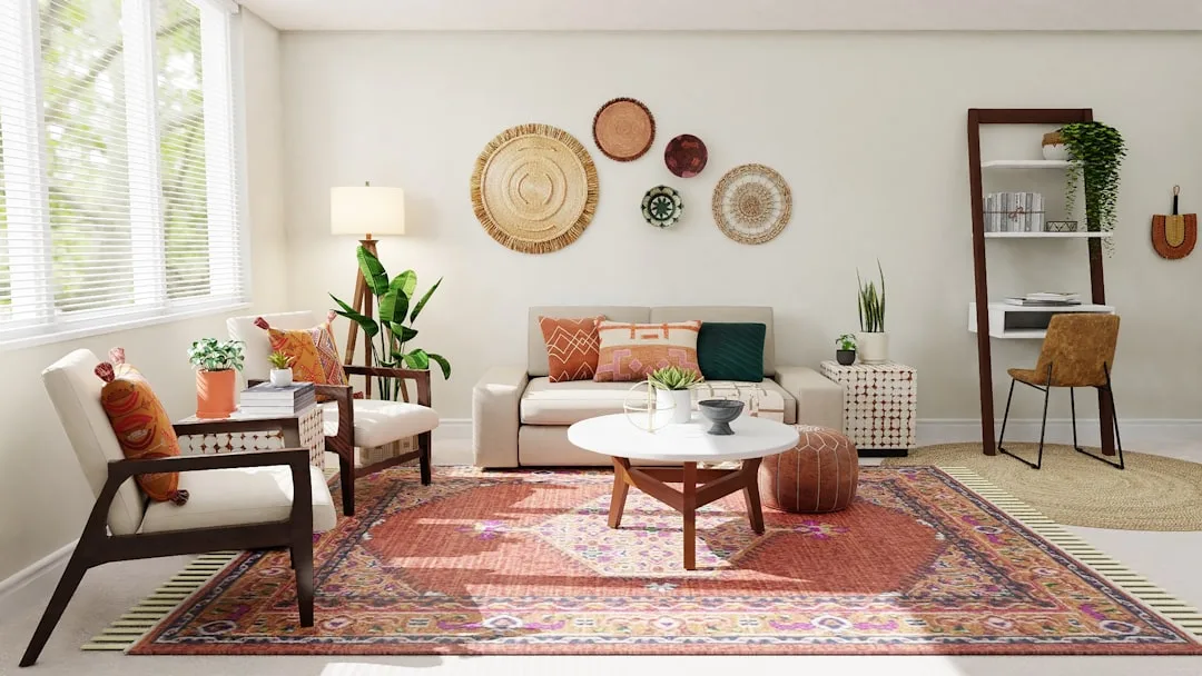 Modern bedroom with stacked layered rugs under bed creating visual layers