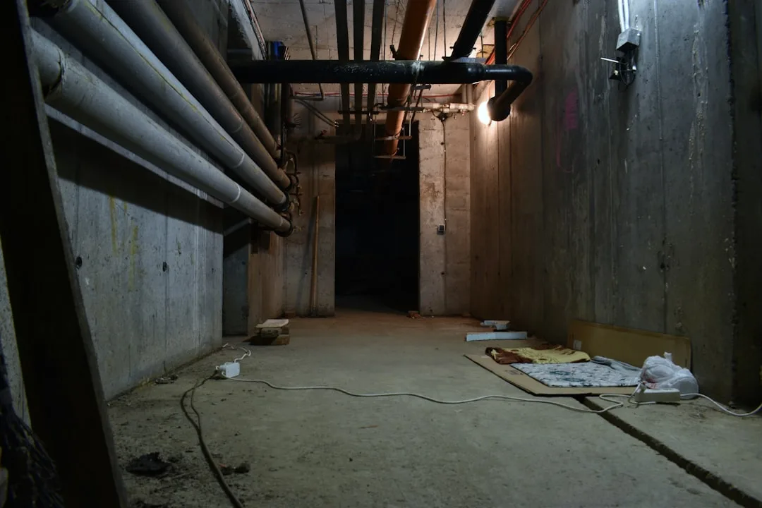 Professional basement dehumidification system installed near sump pump outlet