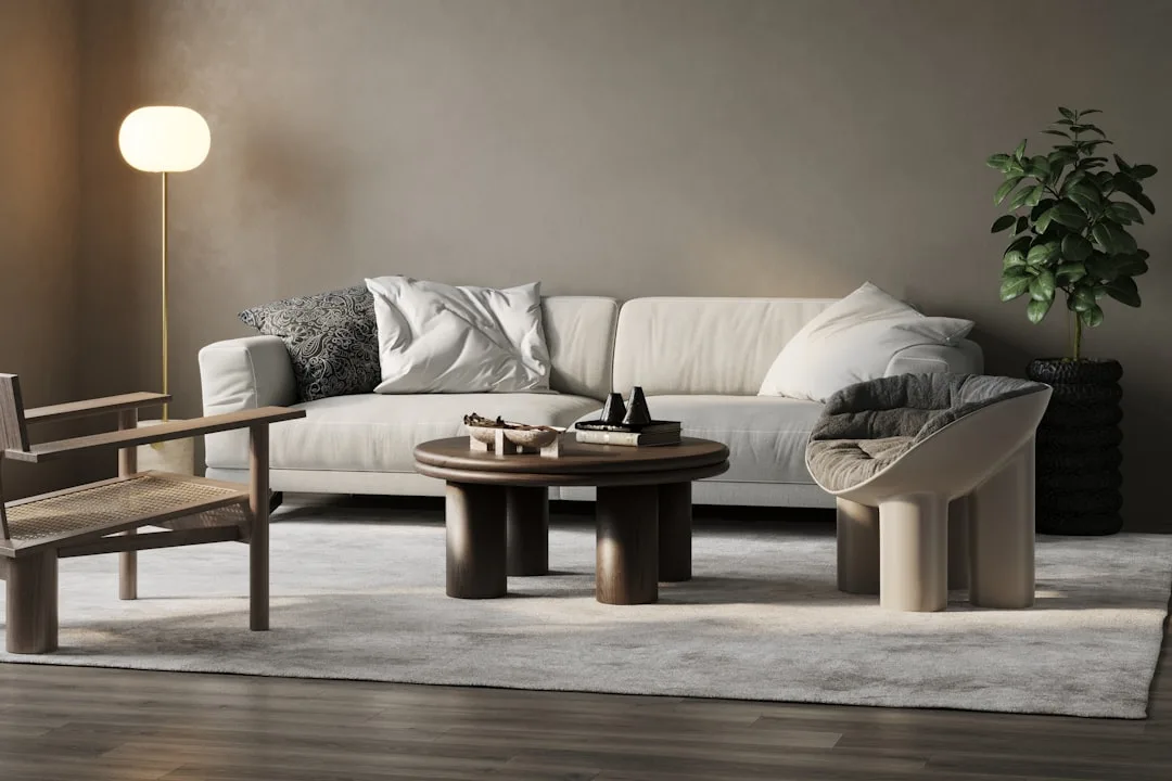 curved furniture arrangement in modern living room with soft lighting
