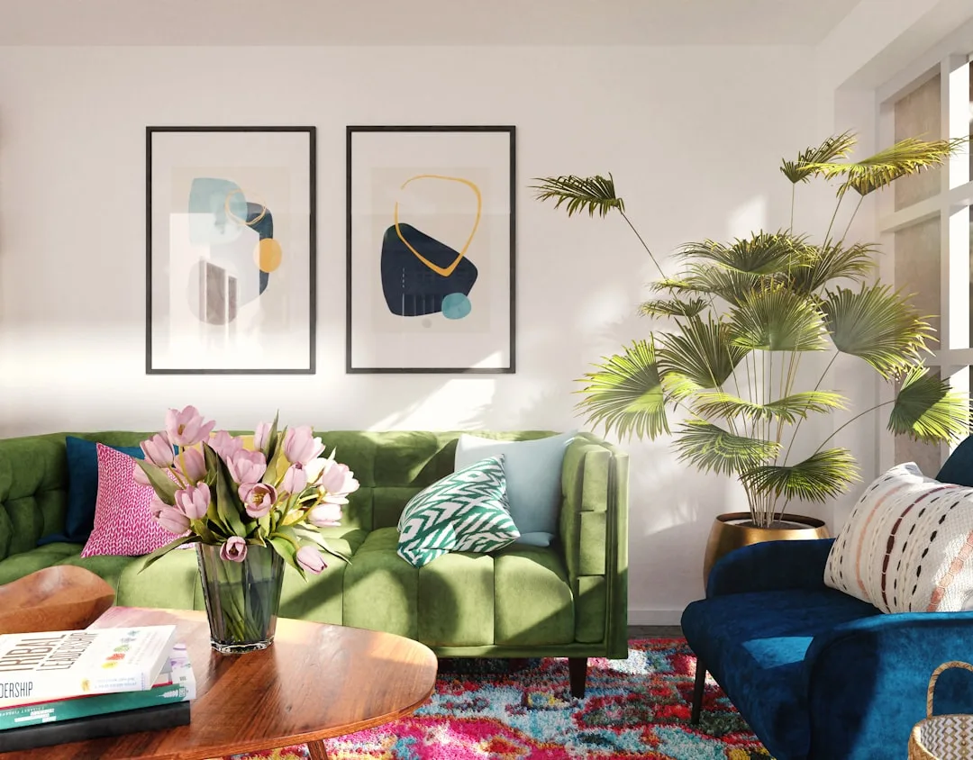Layered rugs with contrasting patterns and textures in contemporary living room