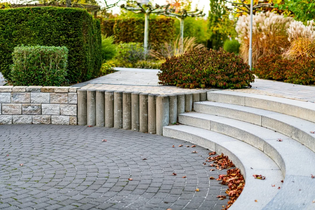 Permeable pavers installed in modern residential outdoor space with visible drainage