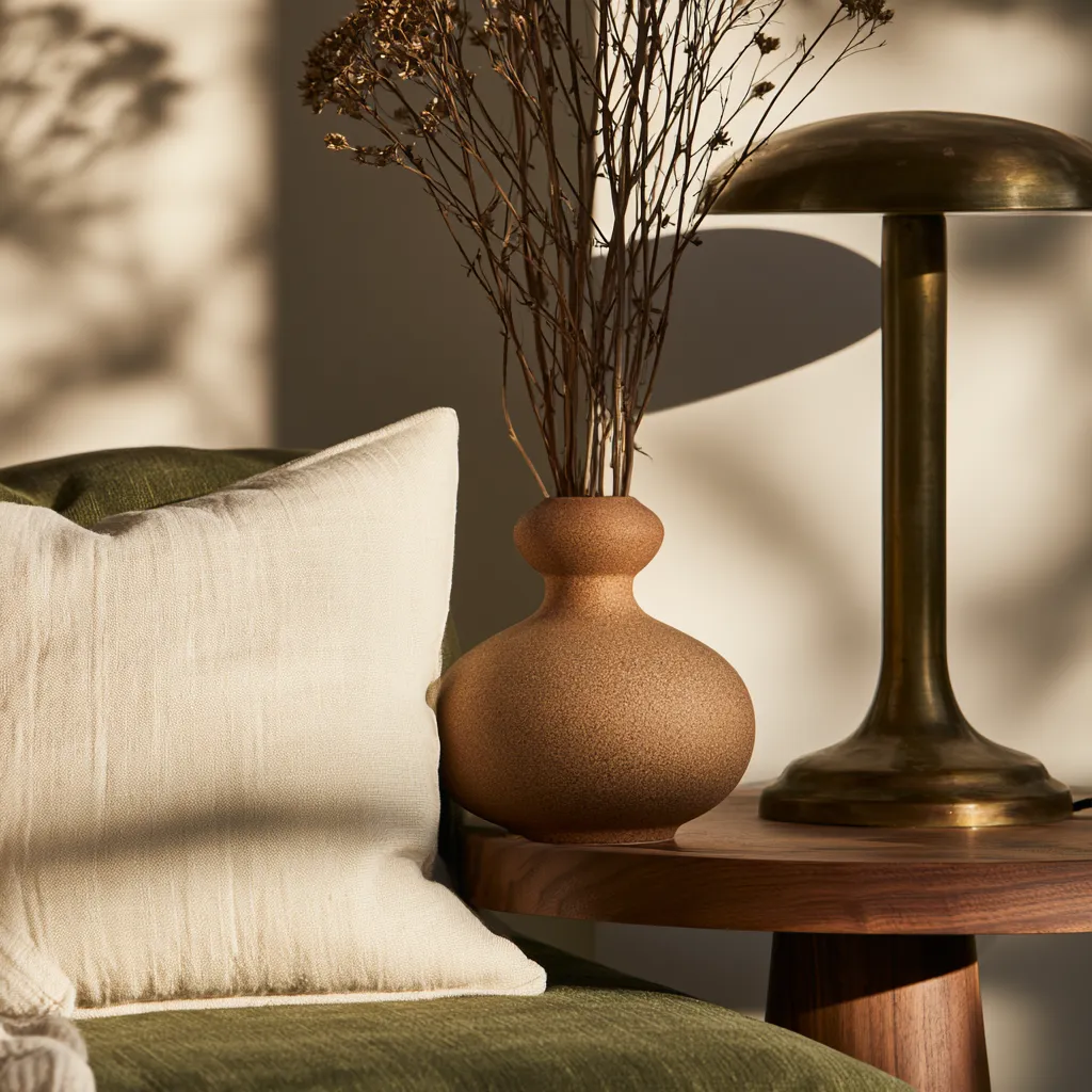 Sage green and warm beige living room accent details with terracotta vase, brass lamp, and dried botanicals