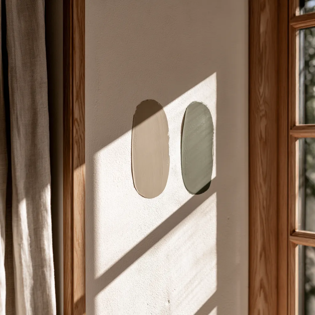 Warm beige and sage green paint shades on textured wall in natural light for living room comparison