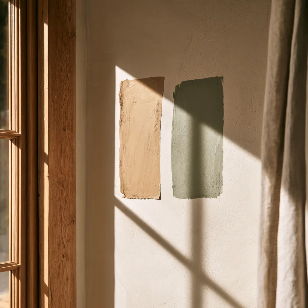 Sage green and sandy beige paint swatches for living room walls with morning light