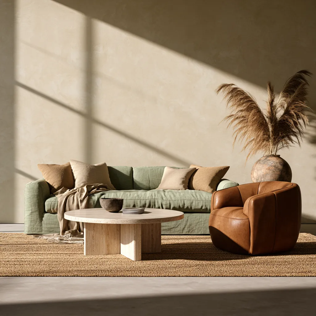 Sage green linen sofa and camel leather chair in warm beige living room with travertine coffee table