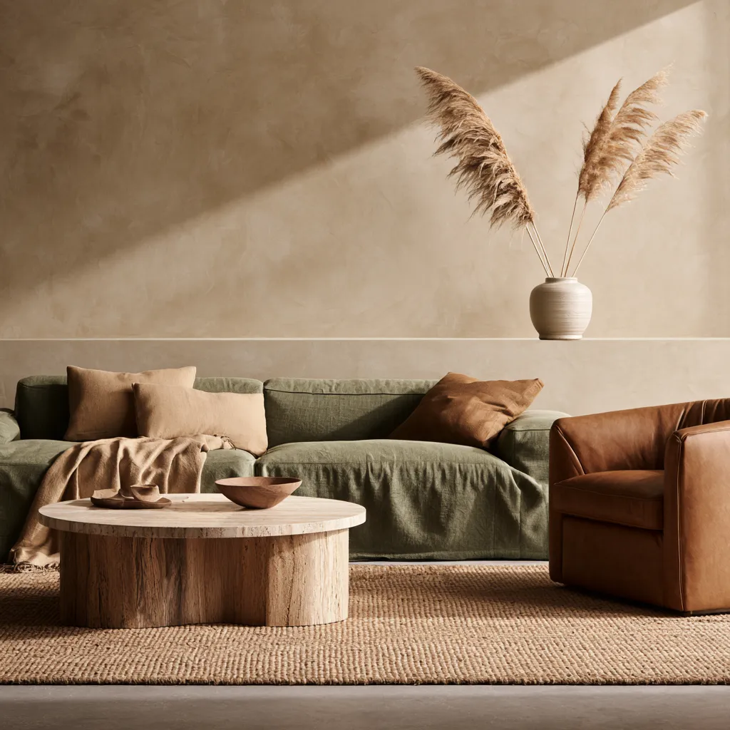 Beige and sage green living room ideas with linen sofa, leather armchair, and dried pampas grass
