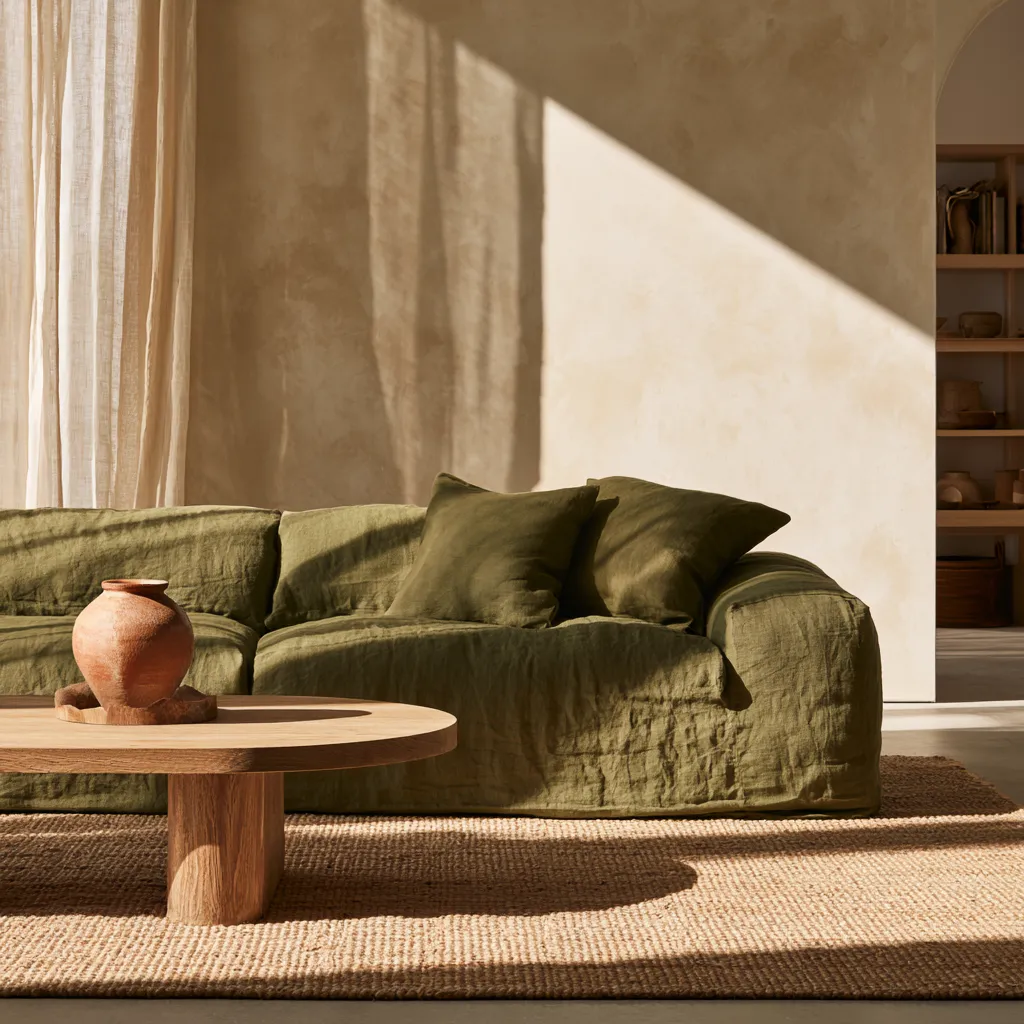 Warm beige and sage green living room with linen sofa and oak coffee table in afternoon light