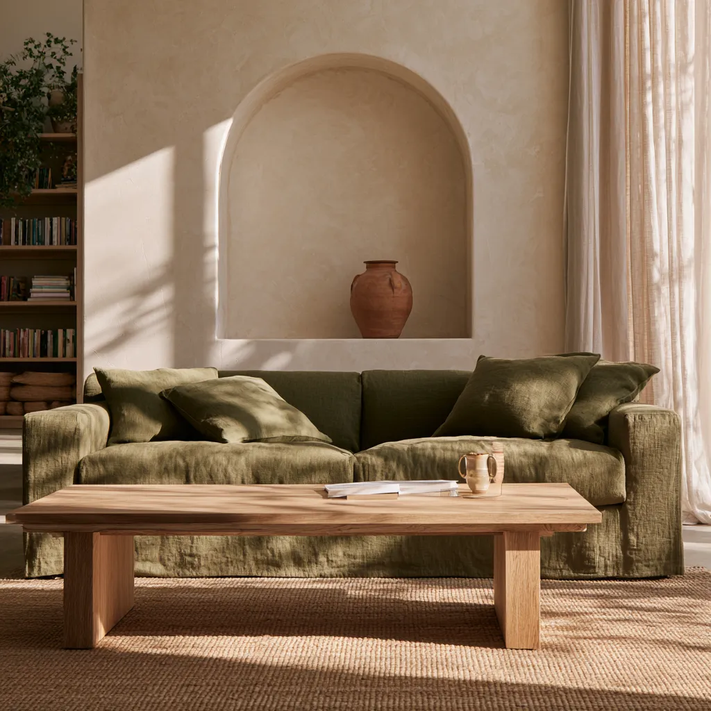 Sage green and warm beige living room ideas featuring limewash walls and woven jute rug