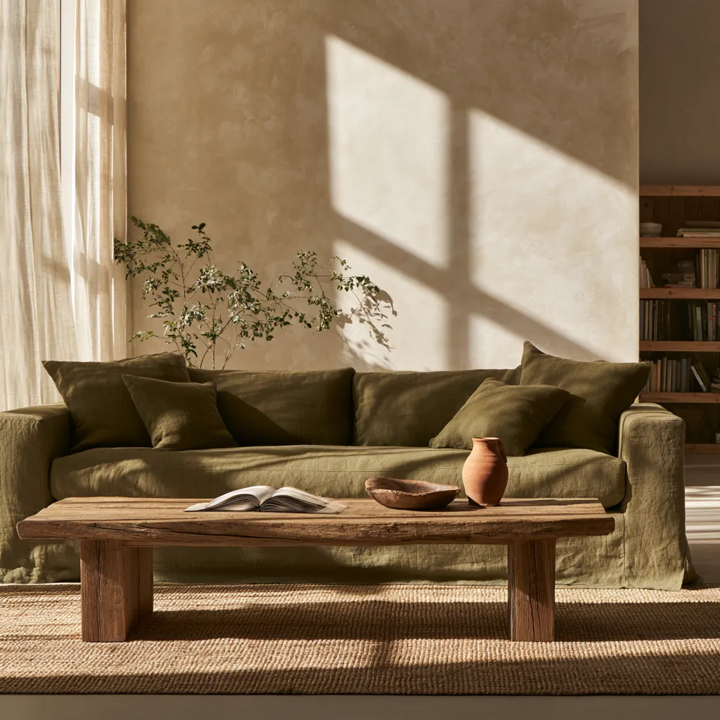 Beige and sage green living room decor with terracotta accents and sheer linen curtains