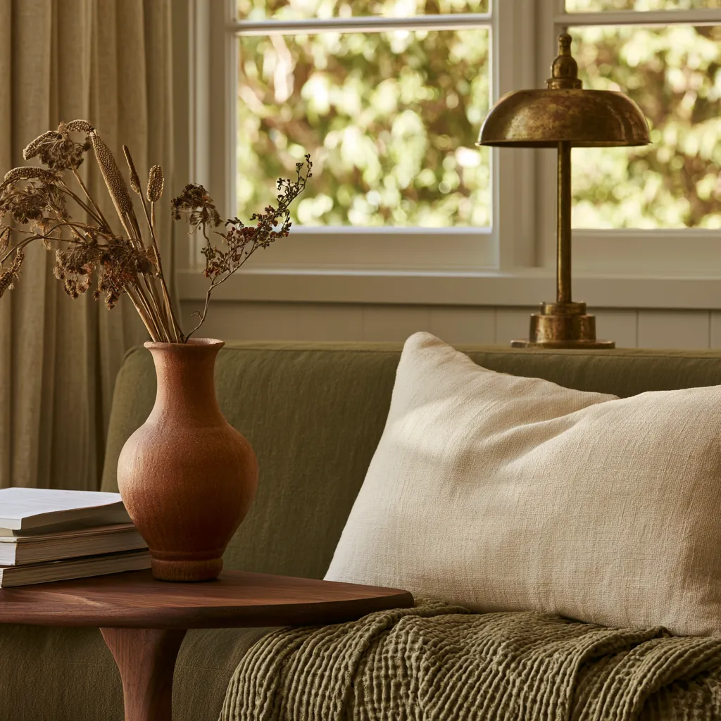 Beige and sage green living room styling with walnut side table, linen cushion, and aged brass accents