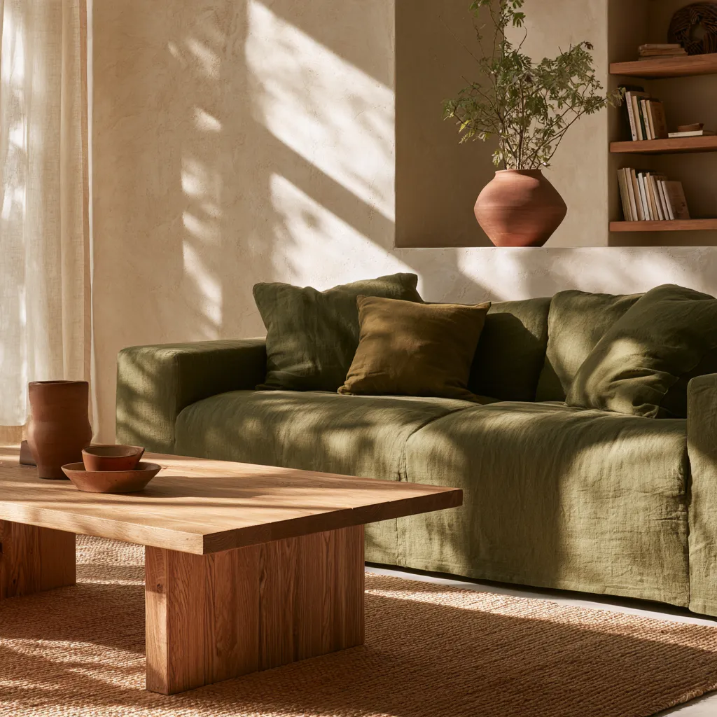 Cozy sage green living room with warm beige walls, natural textures, and soft afternoon light