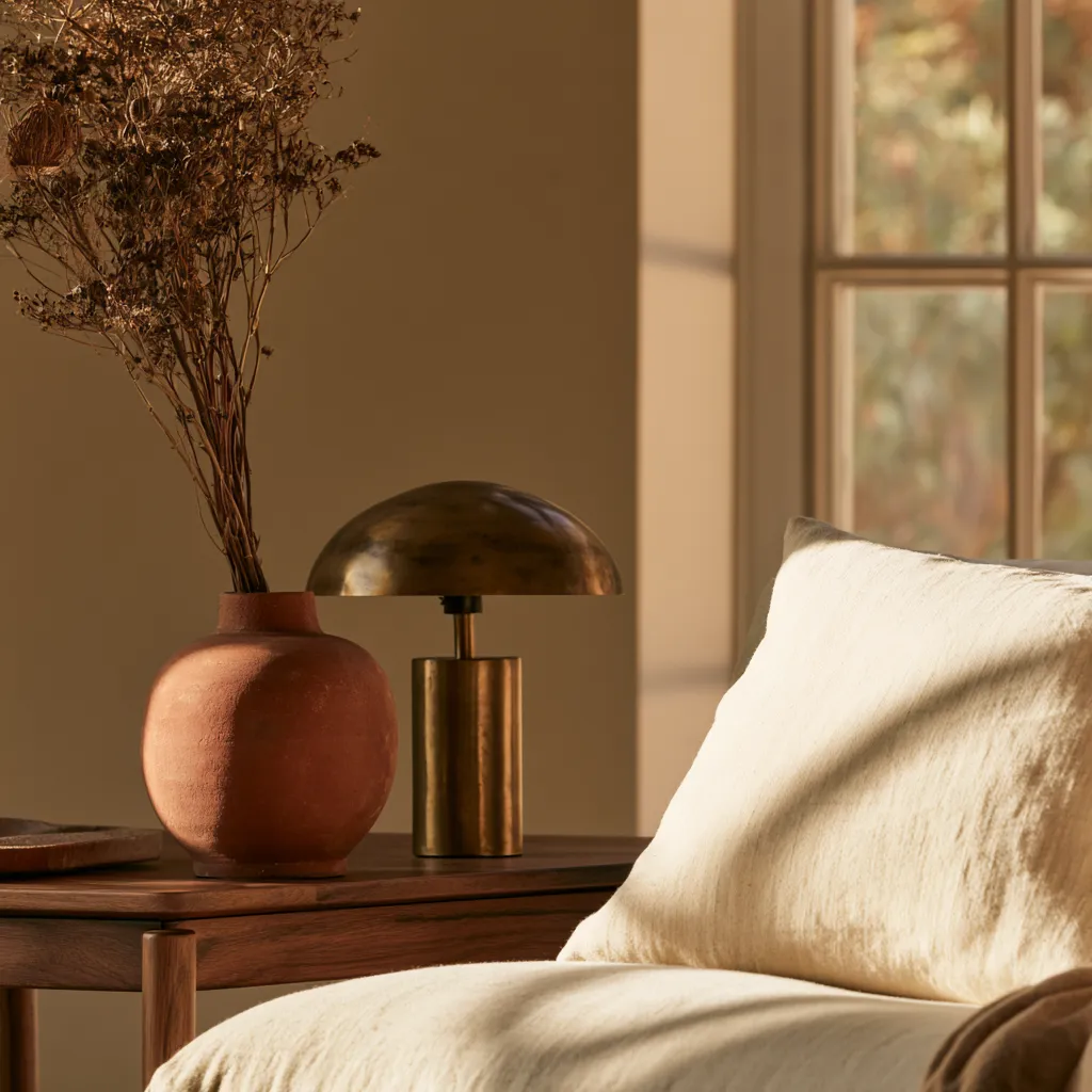 Warm beige living room accent corner with sage green accents, terracotta ceramic and dried botanicals