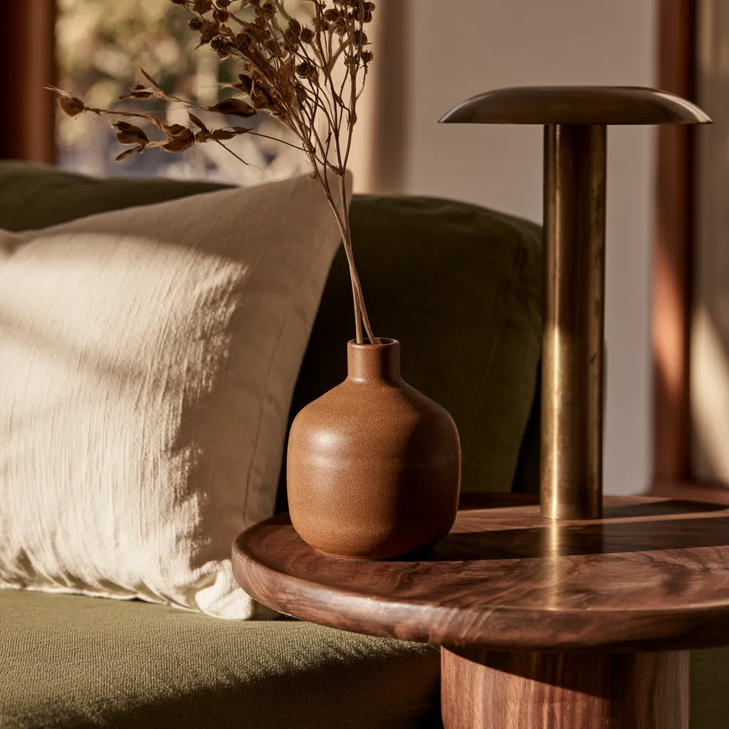 Close-up of sage green and beige living room decor details including brass hardware and cream linen