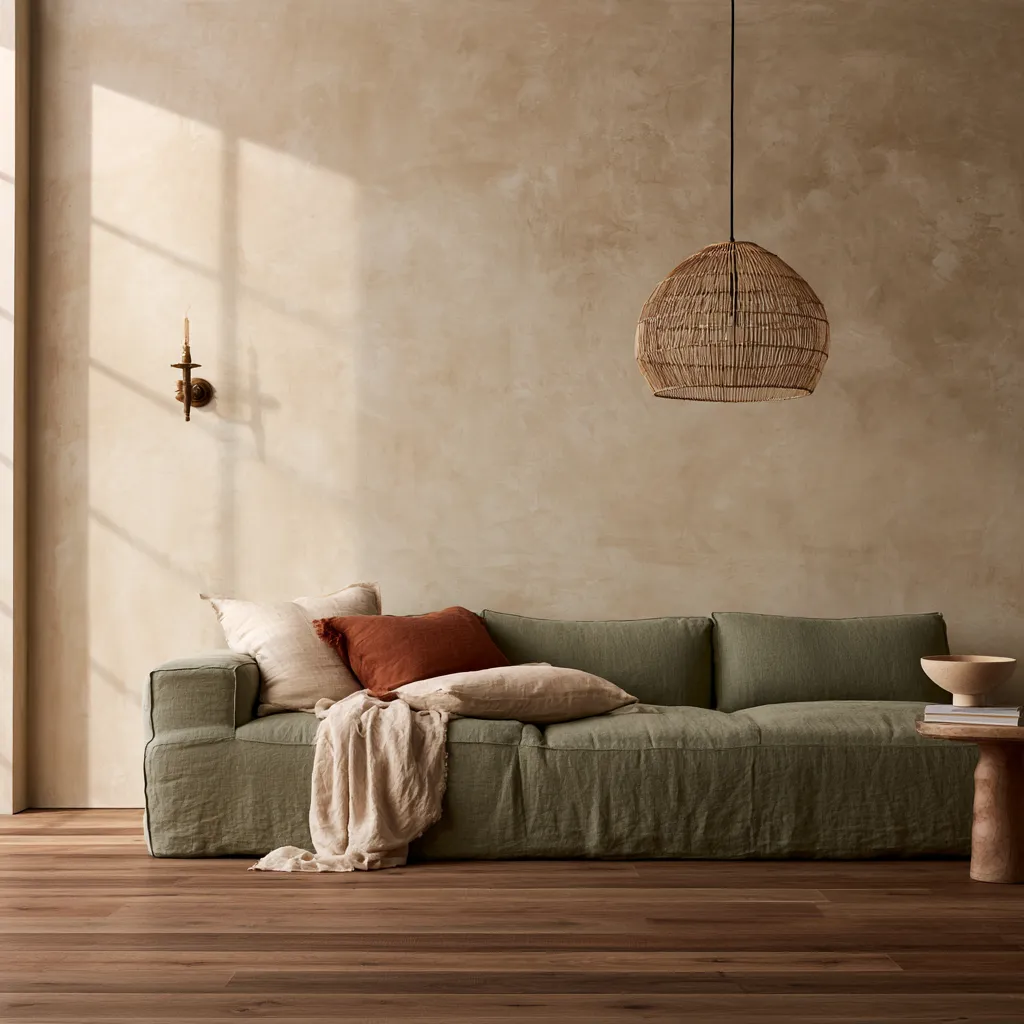 Sage green and warm beige living room wall treatment ideas with limewash texture and natural light