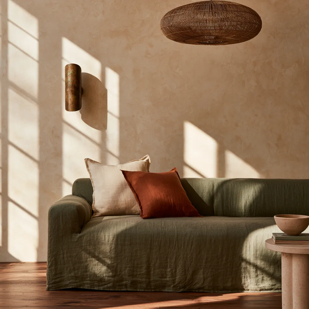 Warm beige limewash wall with sage green sofa, rust cushions, and aged brass lighting in living room