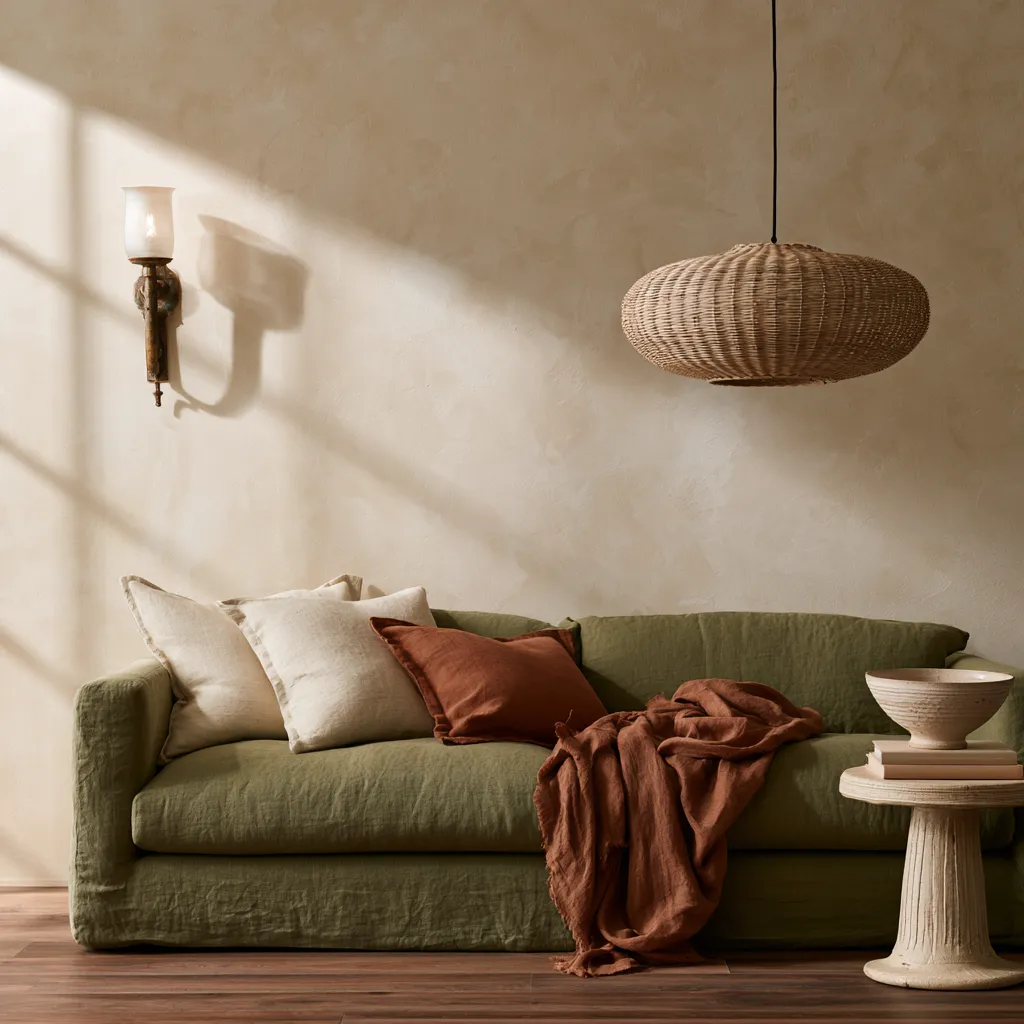 Beige and sage green living room interior with textured plaster wall, linen sofa, and walnut floor