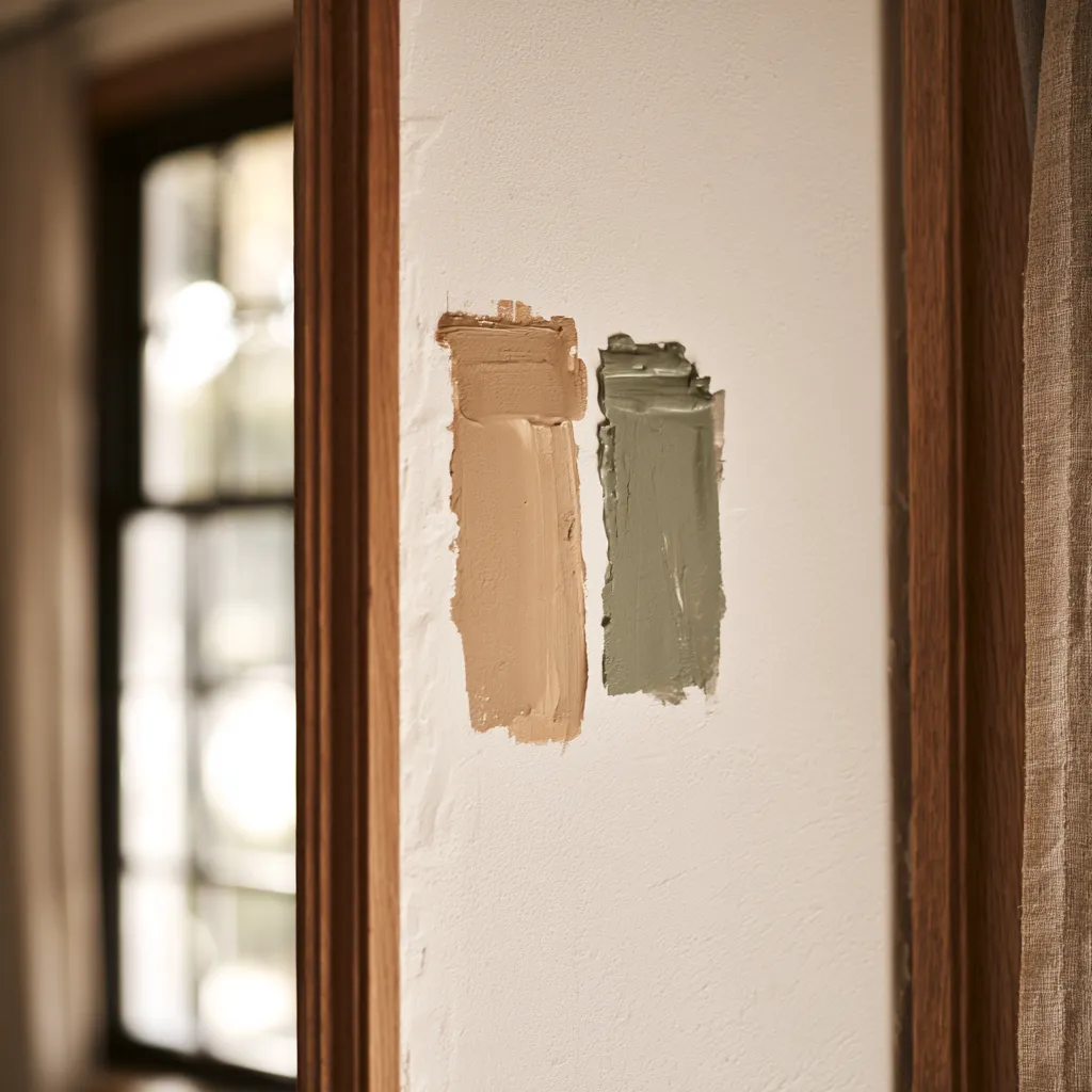 Dusty sage green beside warm beige paint on limewash wall in interior design setting