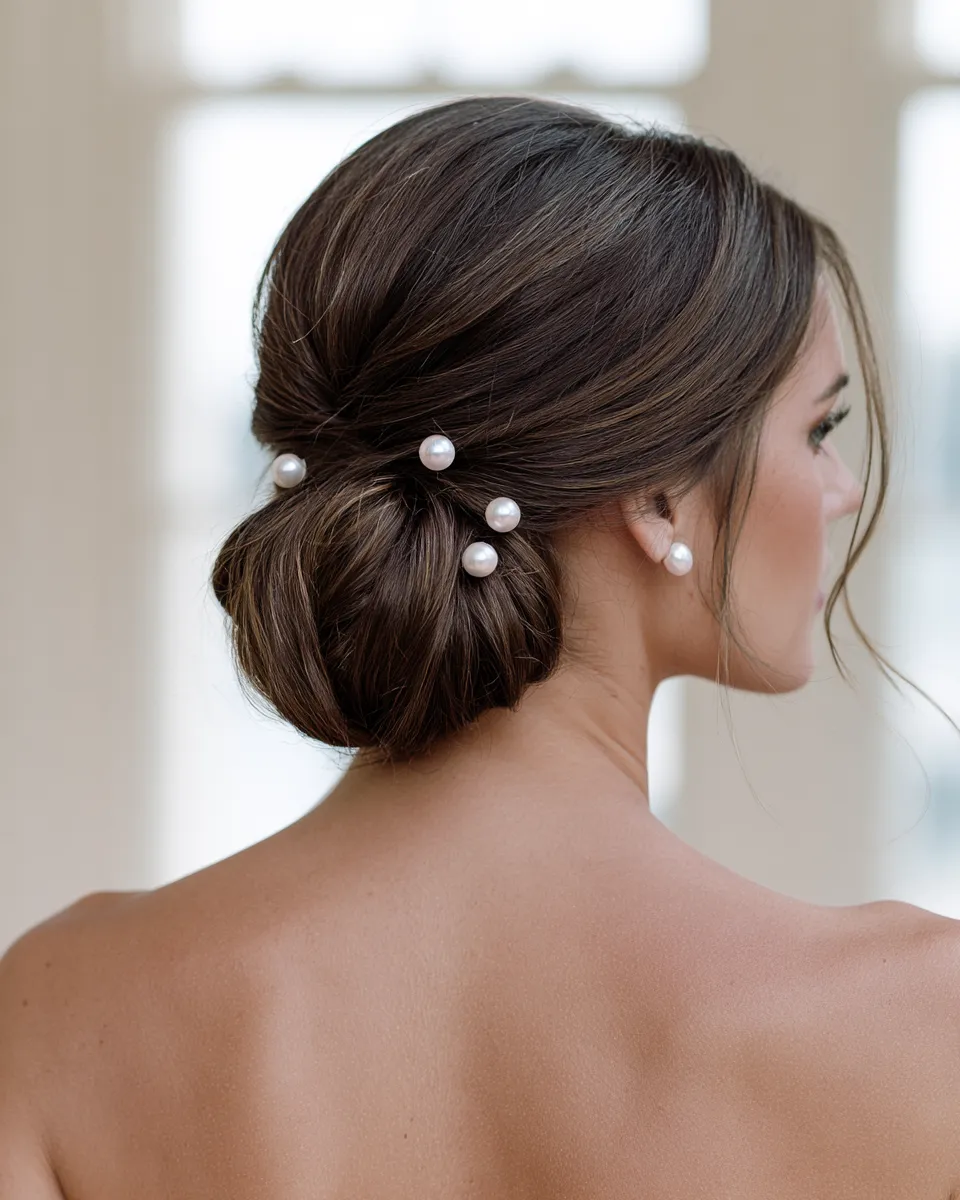 wedding hair ideas for brides featuring pearl-accented updo style