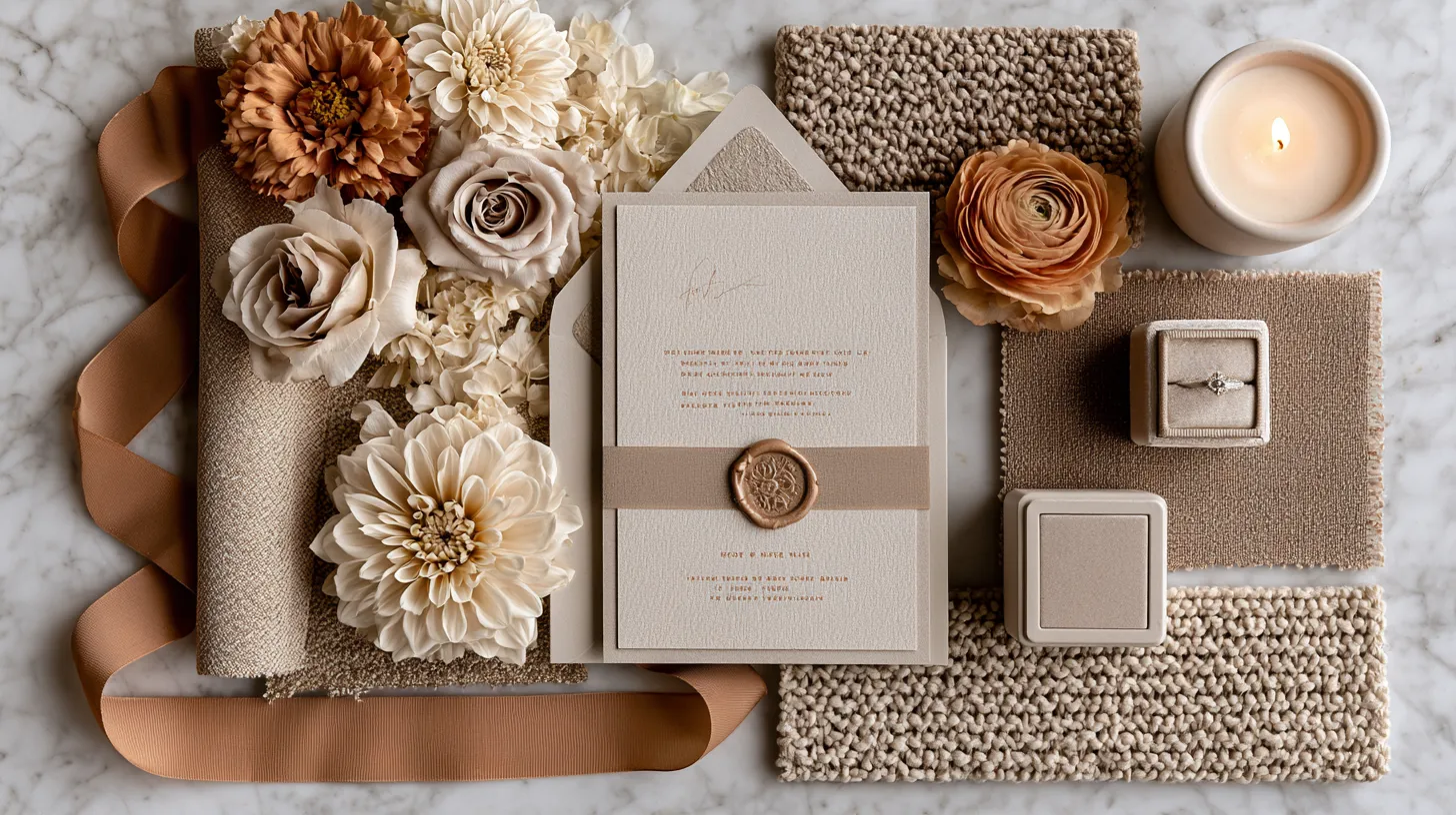 modern wedding planning details arranged as styled editorial flatlay