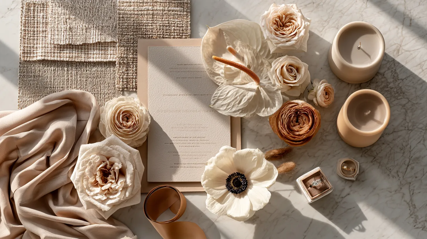 wedding décor inspiration board with florals fabric and stationery