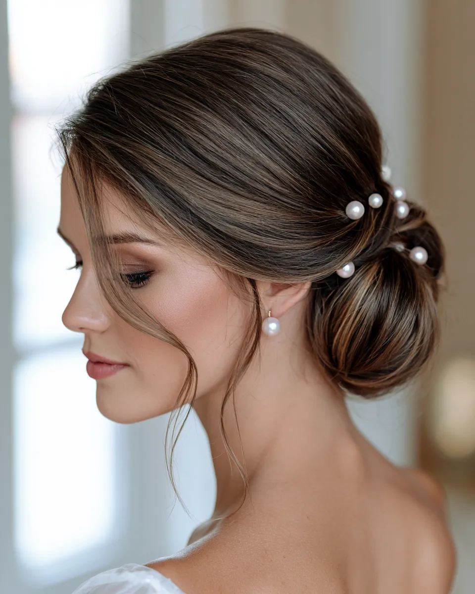 bridal updo hairstyle with pearl pins in soft natural window light