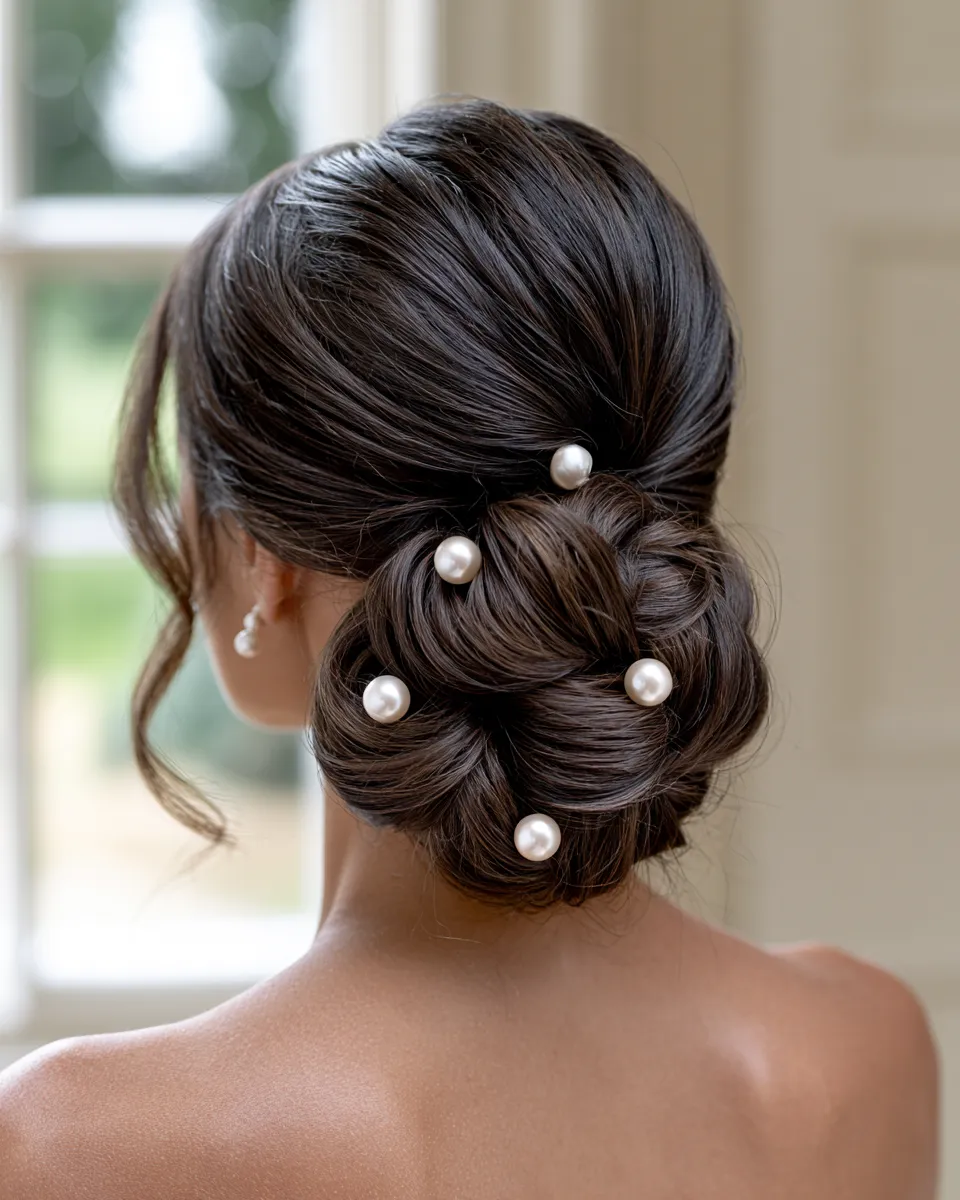 elegant bridal hair for weddings with low bun and tendrils detail