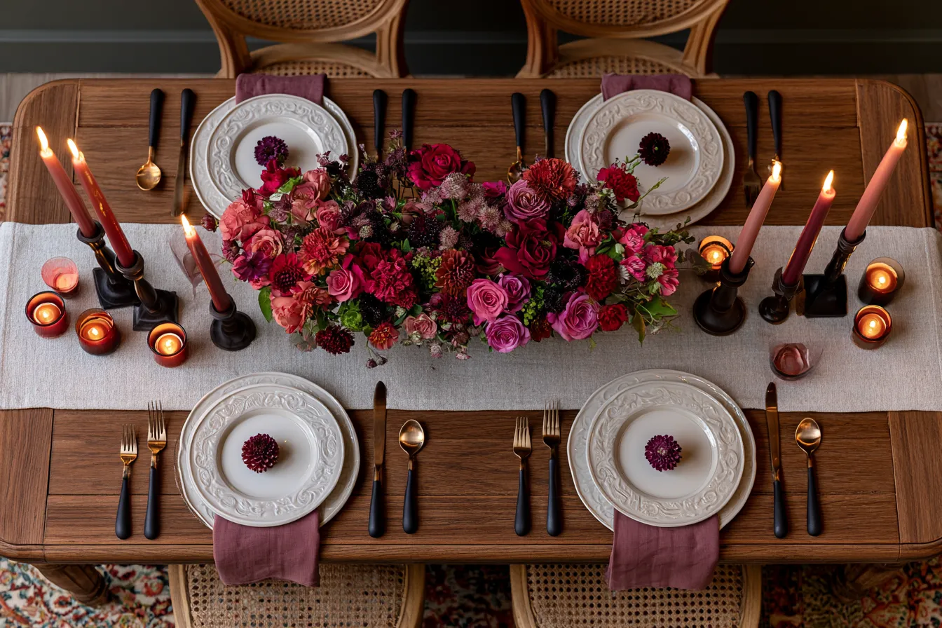 wedding color palette inspiration with rich florals and fine china