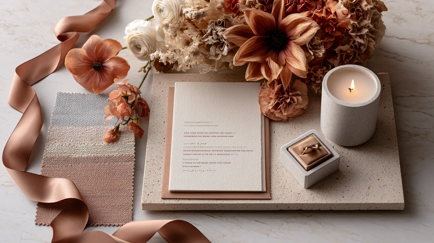 wedding ideas flatlay with invitation suite and florals on marble