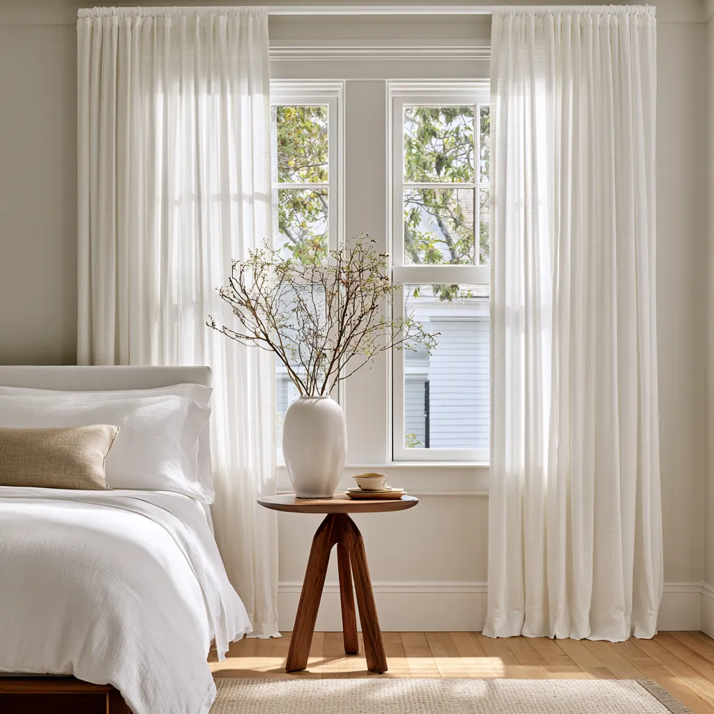 Elegant window dressing with sheer and blackout drape layering in a morning bedroom