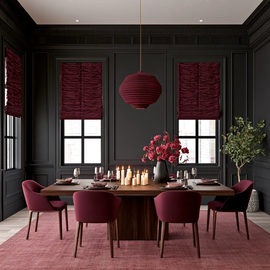 Elegant window covering for dining rooms featuring a rich fabric Roman shade