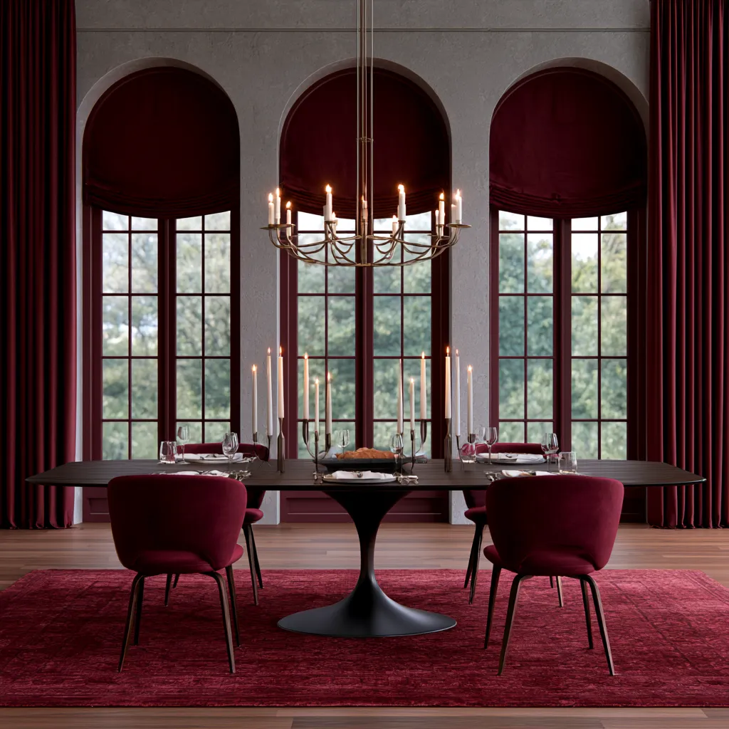 Sophisticated window dressing in a formal dining space with dark wood and warm tones