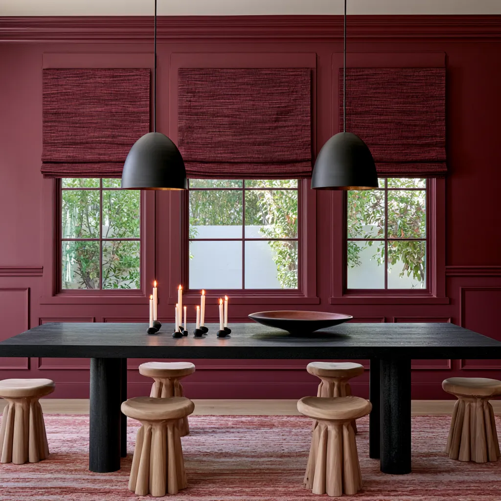 Roman shade window treatments for dining rooms in deep red with editorial lighting